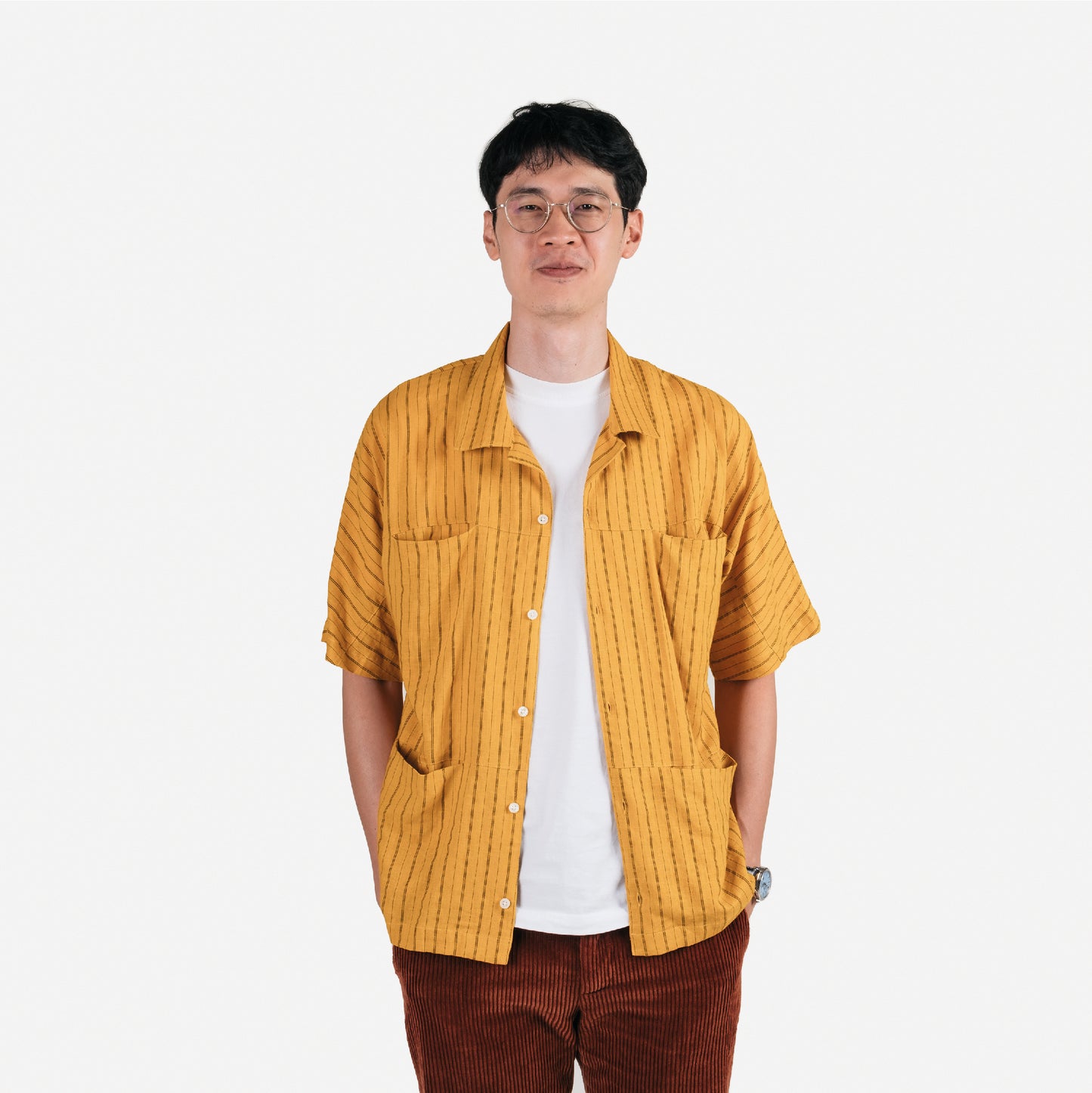 Spread Collar Shirt / Cotton Rayon Stripe - Yellow